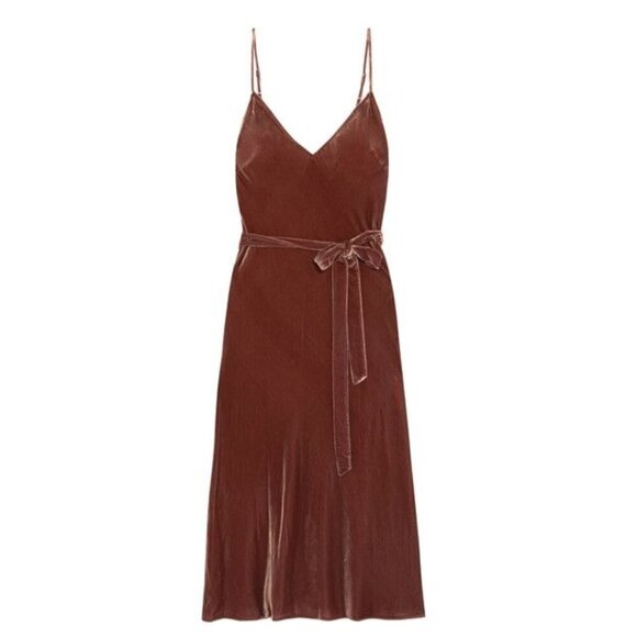 Frame Belted Velvet Midi Dress Slit Sleeveless V-Neck in Spice Brown Women's XS - Picture 8 of 9